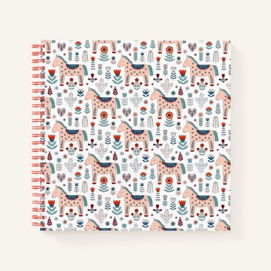 スカンジナビアの馬のフォークアートパターン ノートブック (正面)