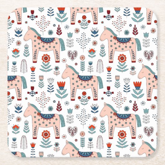 スカンジナビアの馬の民芸パターン スクエアペーパーコースター (正面)