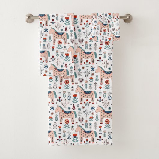 スカンジナビアの馬の民芸パターン バスタオルセット (インサイチュ)