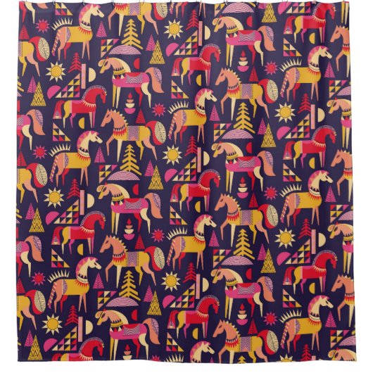 スカンジナビアの馬:装飾シームレスデザイン シャワーカーテン (正面)