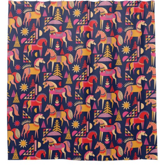 スカンジナビアの馬：装飾シームレスデザイン シャワーカーテン (正面)