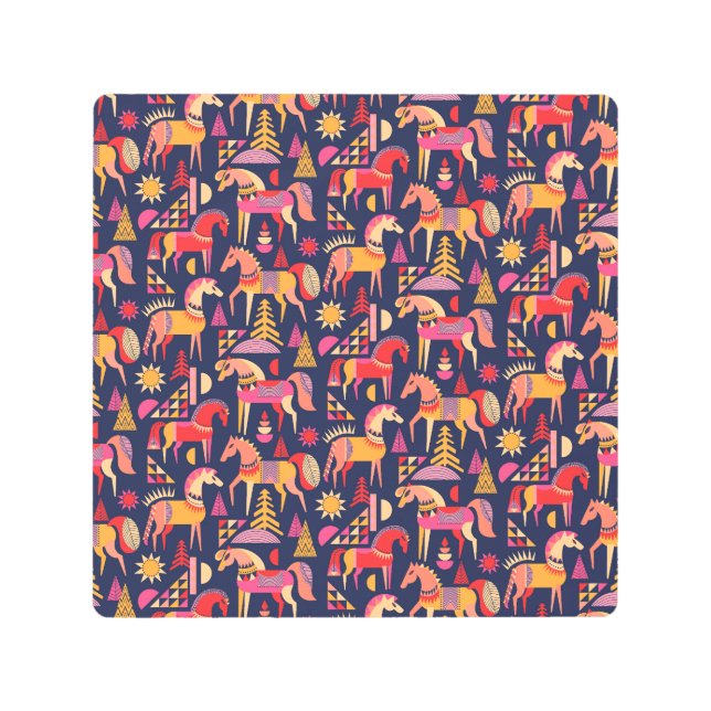 スカンジナビアの馬：装飾シームレスデザイン メタルプリント (正面)