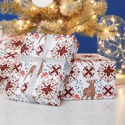 スカンジナビアの鹿と万華鏡のように千変万化するパターン模様 ラッピングペーパー (クリスマス)