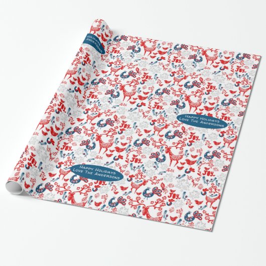 スカンジナビアウッドランドディアウィンタークリスマスフォークアート ラッピングペーパー (アンロールド)