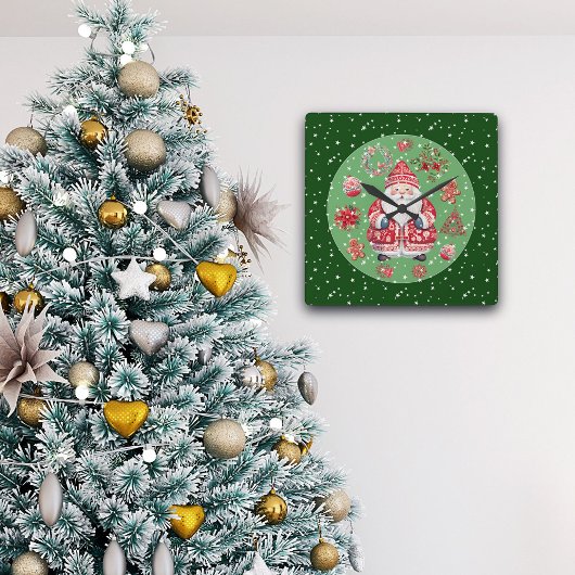 スカンジナビアサンタクロスグリーン スクエア壁時計