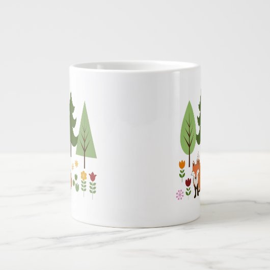 スカンジナビアスタイルキツネフラワーズツリーズイラストレーション ジャンボコーヒーマグカップ (正面)
