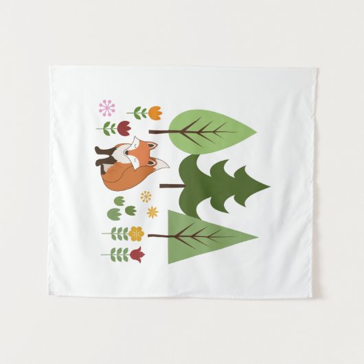 スカンジナビアスタイルキツネ花の木と文字 タペストリー (正面(横))