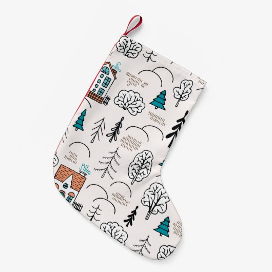 スカンジナビアスタイルハウスフォレストパターン スモールクリスマスストッキング (正面 (吊り時))