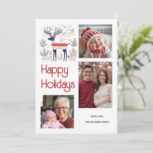 スカンジナビアスタイル鹿の赤い青の写真クリスマス シーズンカード