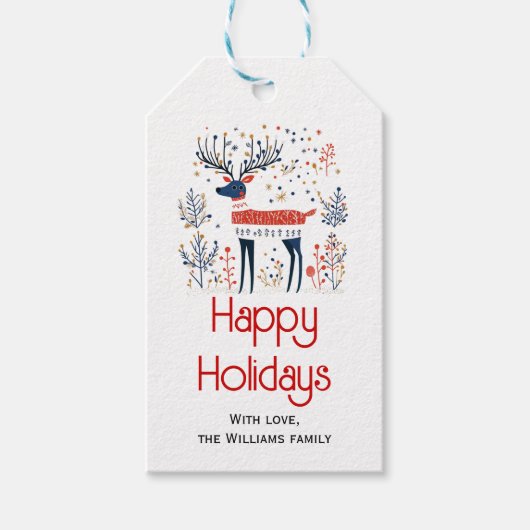 スカンジナビアスタイル鹿レッドブルークリスマス ギフトタグ (正面)