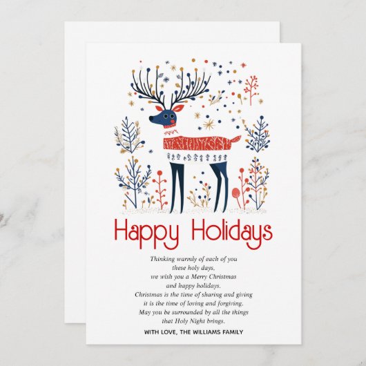 スカンジナビアスタイル鹿レッドブルークリスマス シーズンカード (正面/裏面)