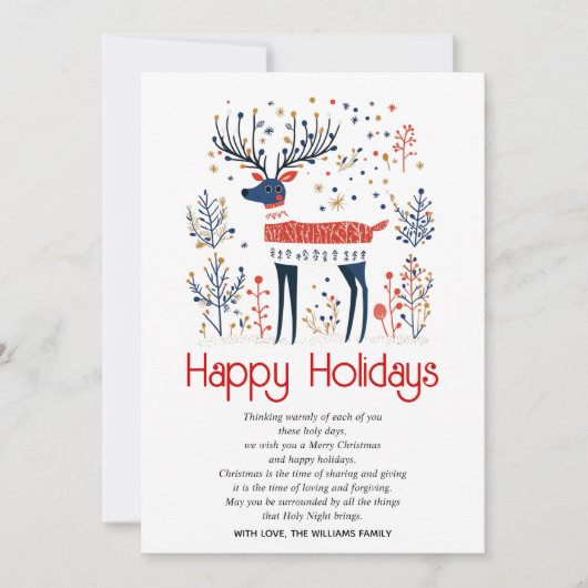 スカンジナビアスタイル鹿レッドブルークリスマス シーズンカード (正面)