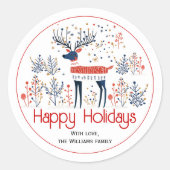 スカンジナビアスタイル鹿レッドブルークリスマス ラウンドシール (正面)