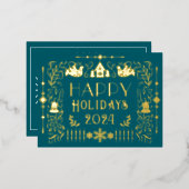 スカンジナビアハッピーホリデーズイヤーティール（緑がかった色） 箔シーズンポストカード (正面/裏面)