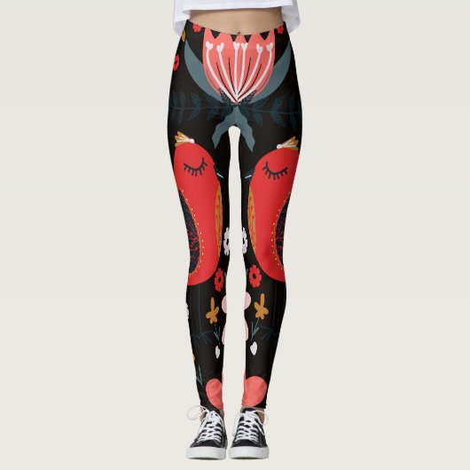 スカンジナビアフォークアートカラフル:鳥。 レギンス (正面)