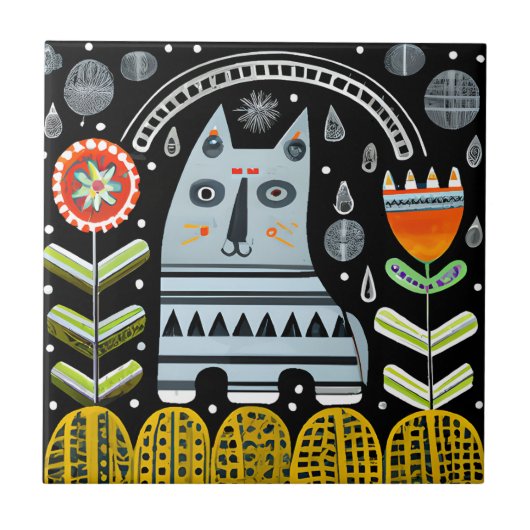 スカンジナビアフォークアートキャットガーデン タイル (正面)