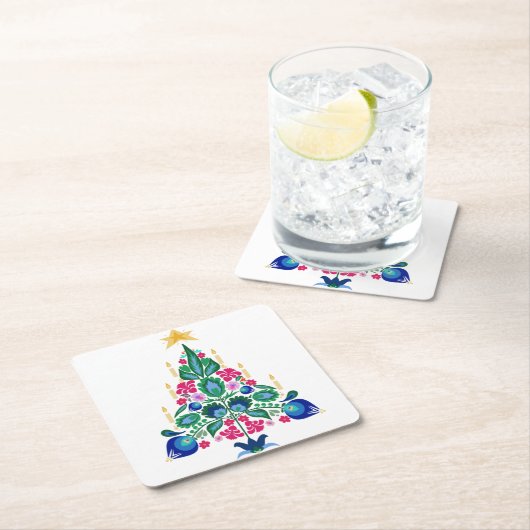 スカンジナビアフォークアートクリスマスツリーエアーフレッシュナー スクエアペーパーコースター (インサイチュ)