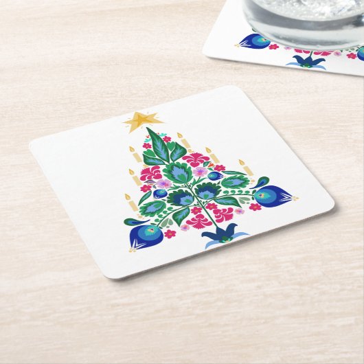 スカンジナビアフォークアートクリスマスツリーエアーフレッシュナー スクエアペーパーコースター (アングル)