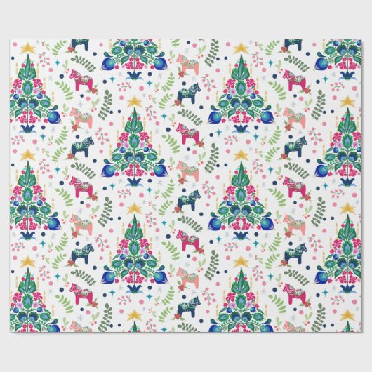 スカンジナビアフォークアートクリスマスツリーズ&ダラホース ラッピングペーパー (フラット)