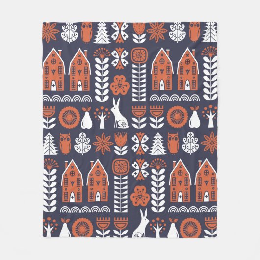 スカンジナビアフォークアートシームレスなヴィンテージパターン フリースブランケット (正面)
