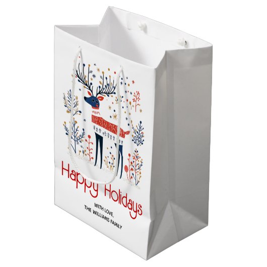 スカンジナビアフォークアートスタイルディアクリスマスホリデー ミディアムペーパーバッグ (正面アングル)