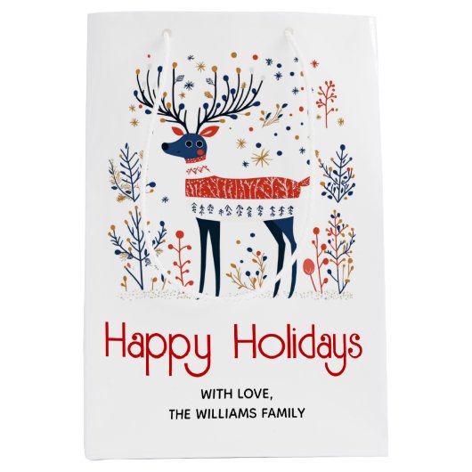 スカンジナビアフォークアートスタイルディアクリスマスホリデー ミディアムペーパーバッグ (正面)