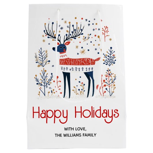 スカンジナビアフォークアートスタイルディアクリスマスホリデー ミディアムペーパーバッグ (裏面)