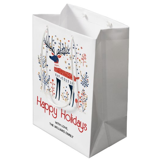 スカンジナビアフォークアートスタイルディアクリスマスホリデー ミディアムペーパーバッグ (裏面アングル)