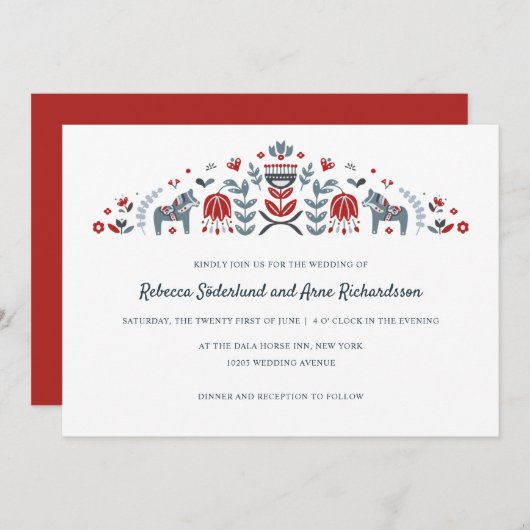 スカンジナビアフォークアートダラホースフラワー結婚ズ 招待状 (正面/裏面)