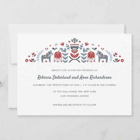 スカンジナビアフォークアートダラホースフラワー結婚ズ 招待状 (正面)