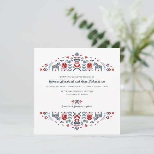 スカンジナビアフォークアートダラホースフラワー結婚ズ 招待状 (スタンド正面)