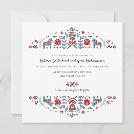 スカンジナビアフォークアートダラホースフラワー結婚ズ 招待状 (正面)