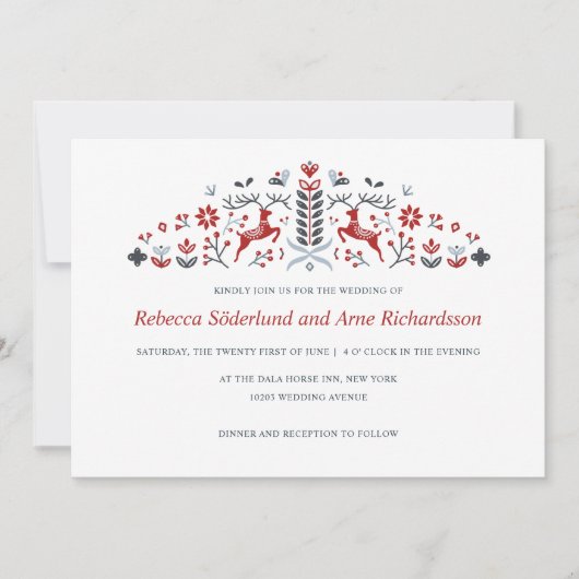 スカンジナビアフォークアートトナカイとハート結婚ズ 招待状 (正面)