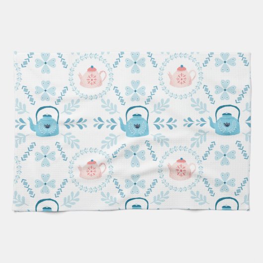 スカンジナビアフォークアートハイゲクリスマスコージーティーポット キッチンタオル (横)