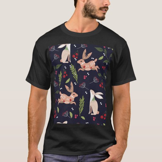スカンジナビアフォークアートバニープリント Tシャツ (正面)