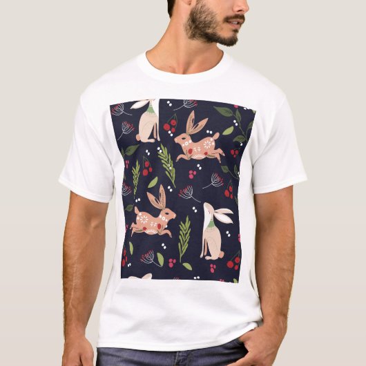 スカンジナビアフォークアートバニープリント Tシャツ (正面)