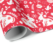 スカンジナビアフォークアートバニーホリデーオーナメントレッド ラッピングペーパー (ロールコーナー)