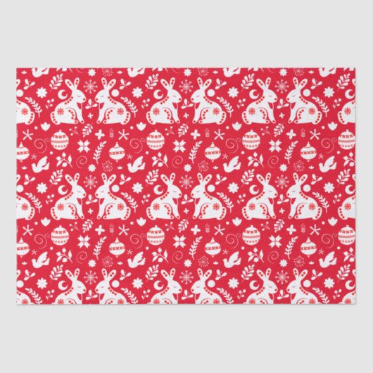 スカンジナビアフォークアートバニーホリデーオーナメントレッド 薄葉紙 (正面)