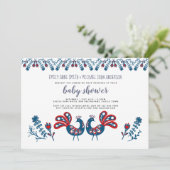 スカンジナビアフォークアートバーズベビーシャワーブルーレッド 招待状 (スタンド正面)