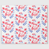 スカンジナビアフォークアートブルーと赤い花 ラッピングペーパー (フラット)