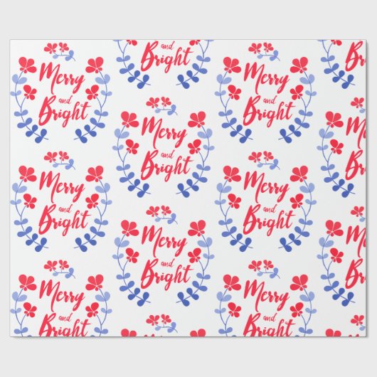 スカンジナビアフォークアートブルーと赤い花 ラッピングペーパー (フラット)