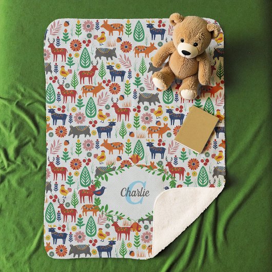 スカンジナビアフォークアートモノグラムパターンボーモダンホ シェルパブランケット