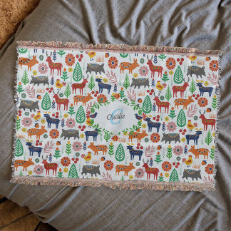 スカンジナビアフォークアートモノグラムパターンボーモダンホ スローブランケット