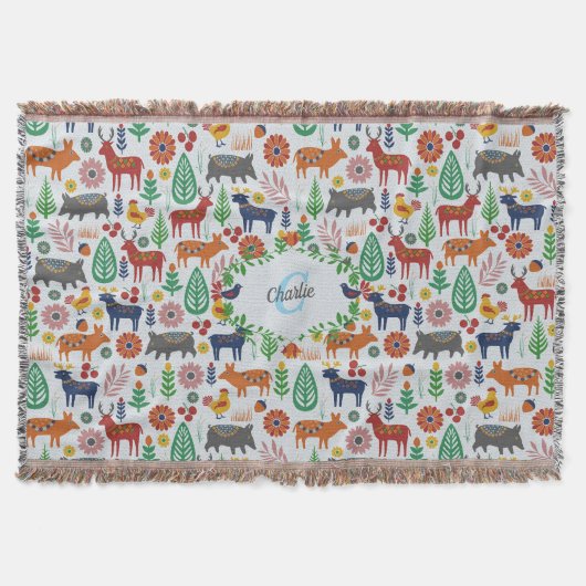 スカンジナビアフォークアートモノグラムパターンボーモダンホ スローブランケット (正面)