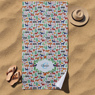 スカンジナビアフォークアートモノグラムパターンボーモダンホ ビーチタオル