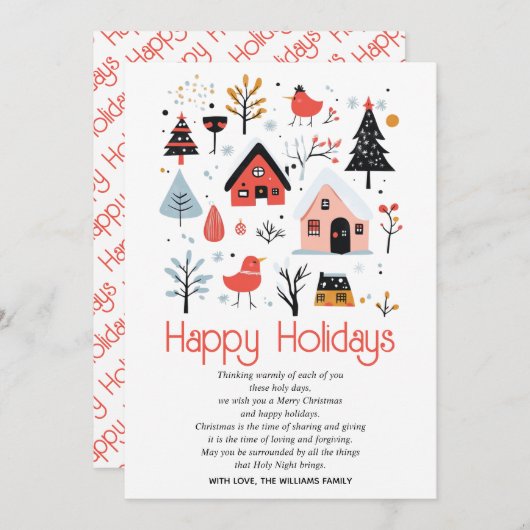 スカンジナビアフォークアート冬の風景クリスマス シーズンカード (正面/裏面)