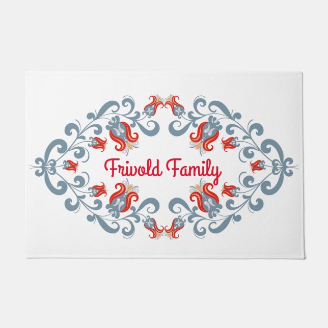 スカンジナビアフォークアート「ベルコメン」マパーソナライズされたット ドアマット (正面)