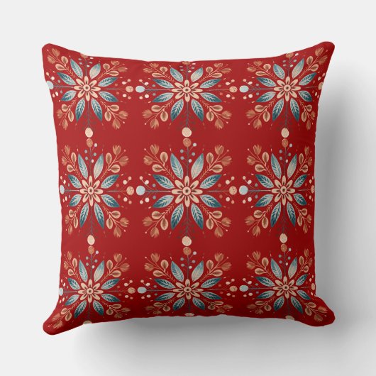 スカンジナビアフォークスノーフレークパターン赤い背景 クッション (裏面)