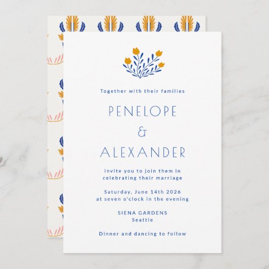 スカンジナビアフォークフローラブルーイエロー結婚ズ 招待状 (正面/裏面)