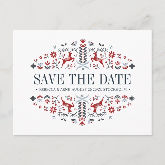 スカンジナビアフォーク芸術 |結婚式の日付を保存 案内ポストカード (正面)